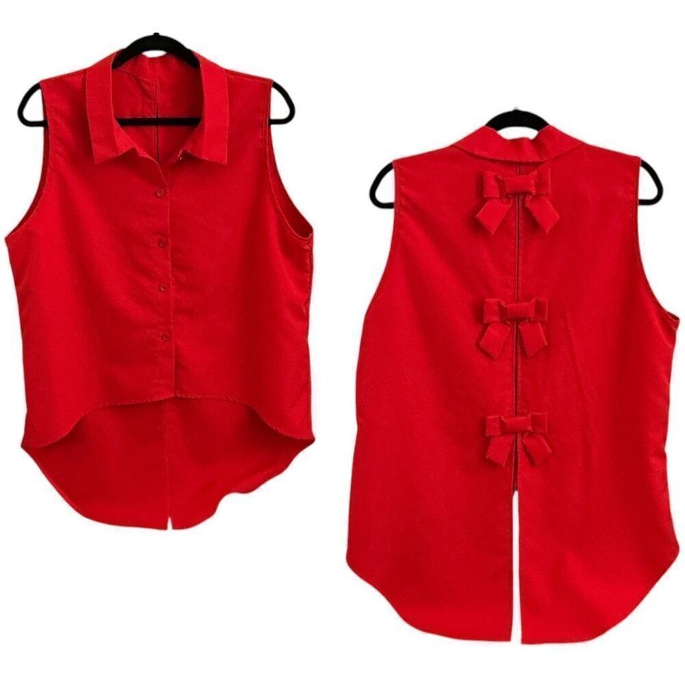 New Red Sleeveless Hi-Lo Split Back Top Blouse with Bows XL  NWOT